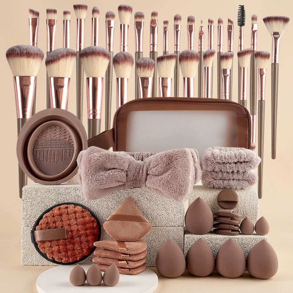 Kit Completo de Maquilhagem 40 Peças com Pincéis, Esponjas e Puffs